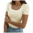 thumbnail image 1 of Lixiuxyad Casual Trendy T Shirts Womens Summer Short Sleeve Tops Square Neck Ribbed Slim Fitted Shirts Casual Tee Tshirt,Beige L, 1 of 6