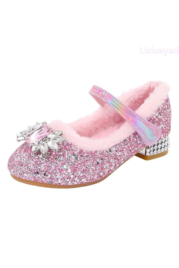 Children Warm Thick Heeled Shoes With Soles Fashionable Princess Casual Flat Shoes With Diamonds Flats Party School Shoes Sizes 2.5(Big Kid 10.5-11 Years)