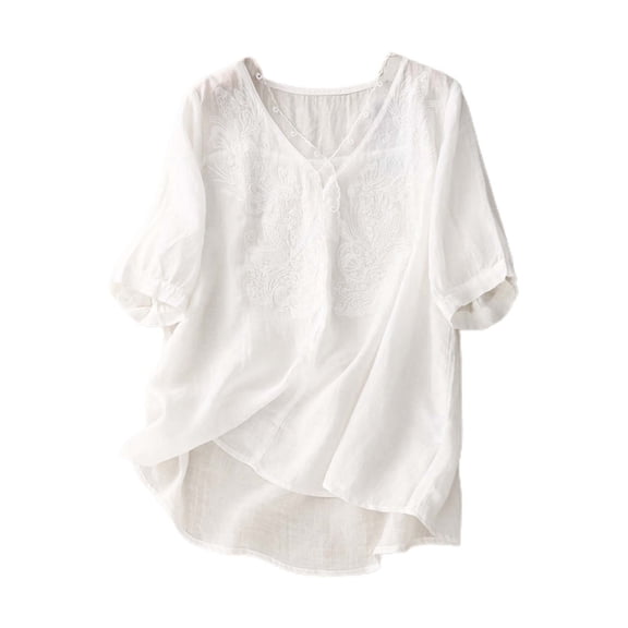 Lixiuxyad Comfortable Loose T Shirts Vintage Linen Blouse For Women Summer Thin V Neck Short Sleeve Shirt Casual Loose Pullover Top,White XXL