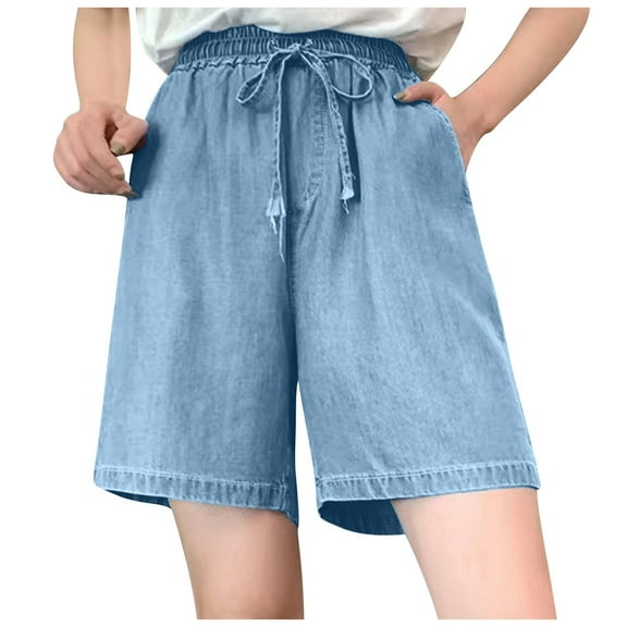 Lixiuxyad Cotton Linen Pants Jean Shorts For Women High Waisted Lightweight Comfy Denim Shorts Casual Drawstring Elastic Waist Jean Shorts Blue