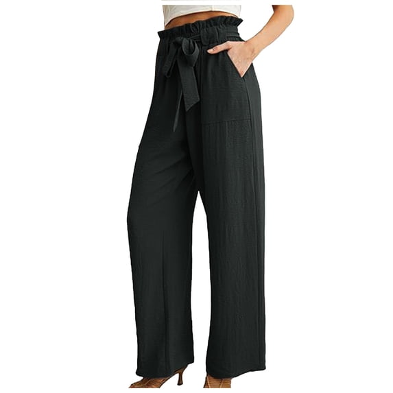 Lixiuxyad Cotton Linen Pants Women Casual Pants High Waisted Self Tie Belted Pants Straight Long Trousers With Pockets Gray