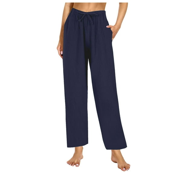 Lixiuxyad Cotton Linen Pants Women's Solid Color Simple Waist Pocket Pajama Pants Home Pants Casual Pants Wide Leg Straight Pants Blue
