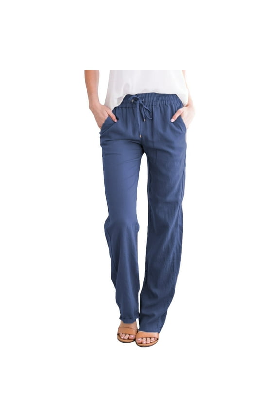 Cotton Linen Pants for Women,Drawstring Casual High Waisted Pull On Straight Leg Trousers with Pockets Blue