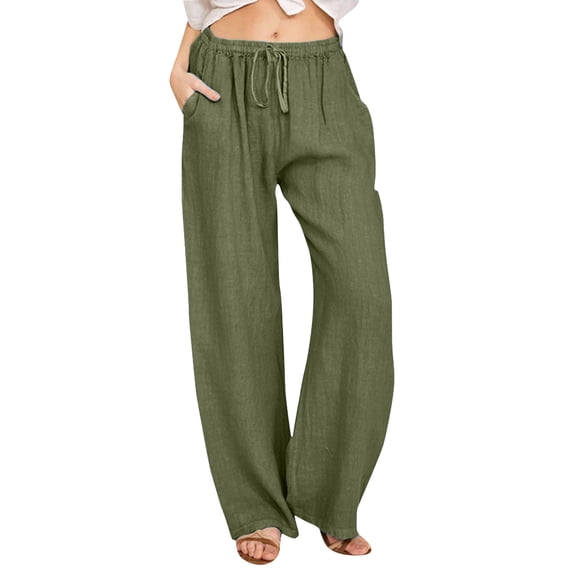 Lixiuxyad Cotton Linen Pants for Women, Wide Leg Lounge Trousers Drawstring Elastic Waist Summer Beach Pant Outfits Green