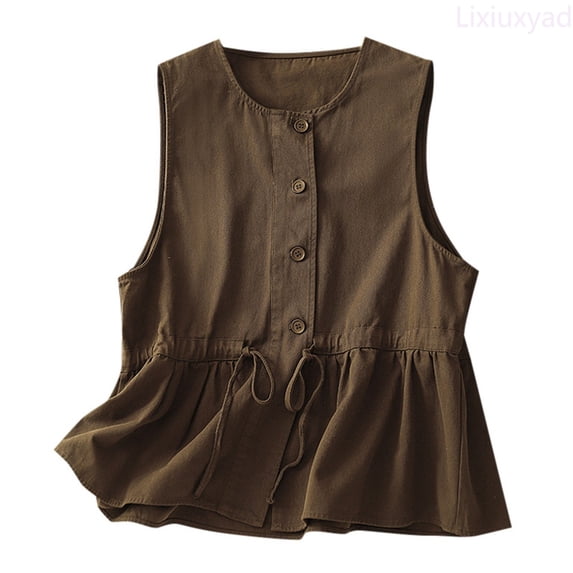Lixiuxyad Cotton Vest Jacket Women's New Loose Fitting Slimming And Age Reducing Round Neck Ruffled Edge Design Sense Top Trendy Flowy,Brown XXL