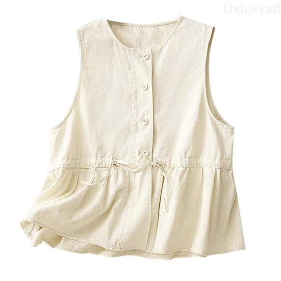 Lixiuxyad Cotton Vest Jacket Women's New Loose Fitting Slimming And Age Reducing Round Neck Ruffled Edge Design Sense Top Trendy Flowy,White M