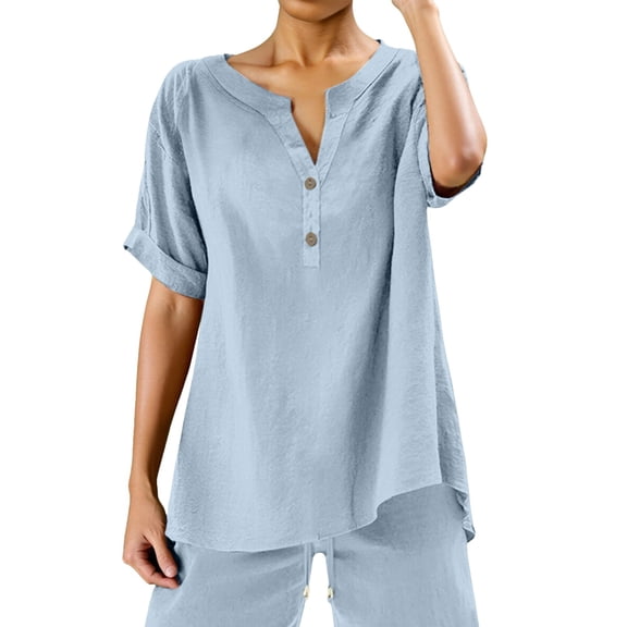 Lixiuxyad Dressy Casual Summer Tees Womens Loose Buttons Down Blouse Tops Solid Casual Short Sleeve Shirt Blouse,Blue XL