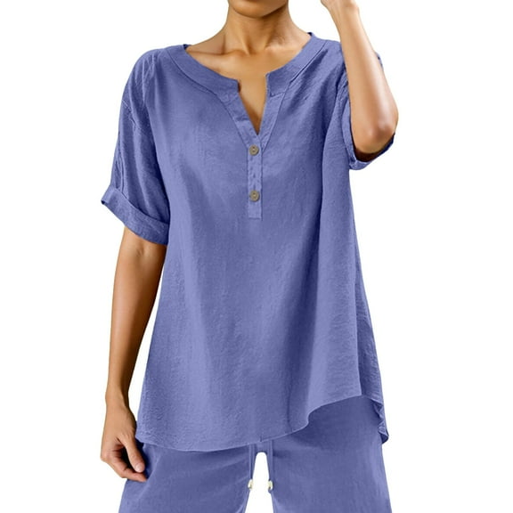 Lixiuxyad Dressy Casual Summer Tees Womens Loose Buttons Down Blouse Tops Solid Casual Short Sleeve Shirt Blouse,Purple S