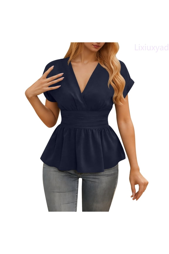 Elegant Wrap V Neck Peplum Short Sleeve Stretchy Ruched Ruffle Dressy Blouses Shirts Dressy Casual Tops,Blue XXL