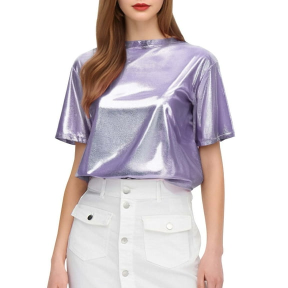 Lixiuxyad Fashion Trendy Tees T-Shirts Sparkly Silk Top Glitter Loose Short Sleeved T Shirt Woman,Purple XL