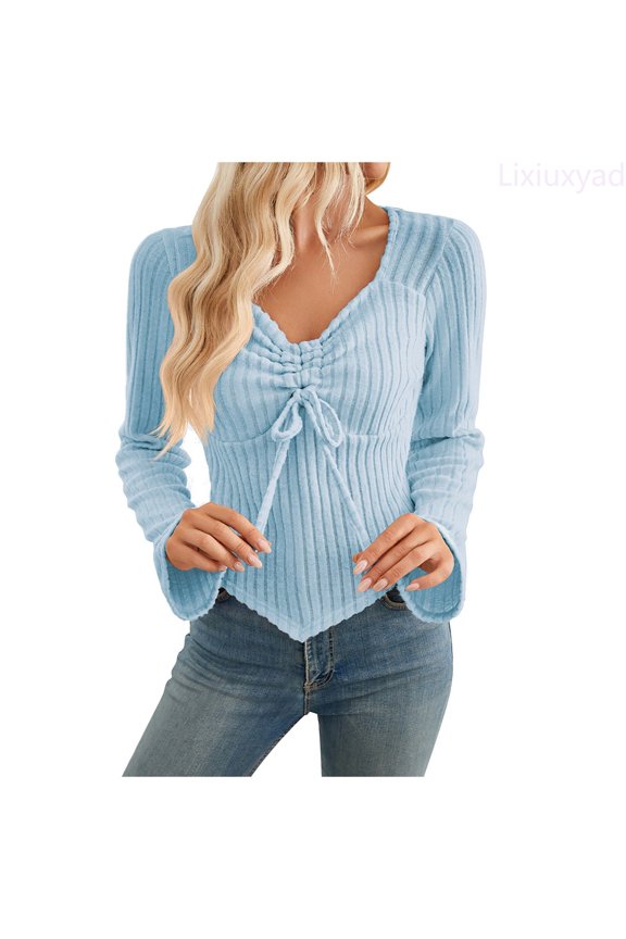 Fashion V Neck Pleated Flared Sleeve Knit Top Trendy Flowy,Blue XXL