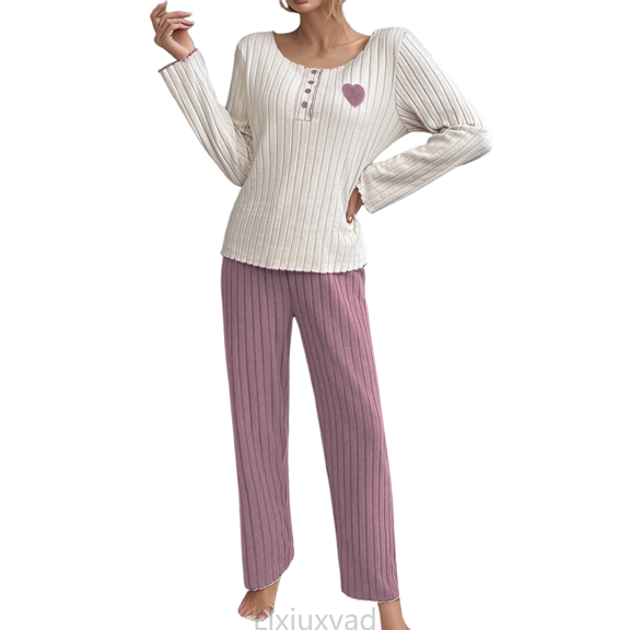 Lixiuxyad Flannel Pajama Long Sleeve Top And Pants With Heart Embroidery Cozy Loungewear For Home Sleepwear Womens Sleepwear M