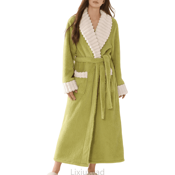 Lixiuxyad Fleece Long Robe With Shawl Lapel Soft And Warm Full Length Bathrobe For Winter Cozy Loungewear Sleepwear Womens Nightwear L
