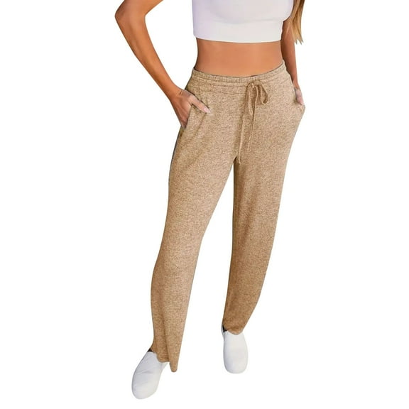 Lixiuxyad Flowy Wide Leg Pants Women's Solid Color Pocket Loose Tie High Waisted Casual Pants Yellow