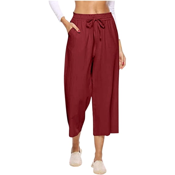 Lixiuxyad Flowy Wide Leg Pants Womens Linen Pants High Waisted Wide Leg Drawstring Casual Loose Trousers With Pockets Red