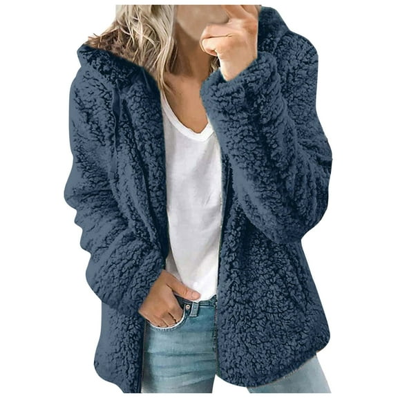 Lixiuxyad Fuzzy Hooded Jacket for Women Winter Zipper Cardigans Jackets Warm Coats Blue
