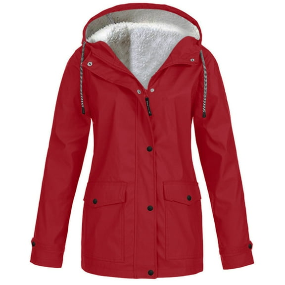 Lixiuxyad Fuzzy Hooded Long Rain Jacket for Womens Lightweight Outdoor Waterproof Windbreaker Jackets with Pockets Red