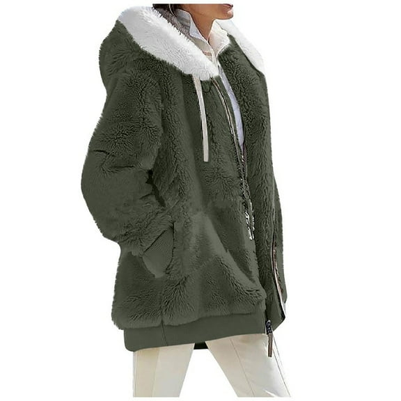 Lixiuxyad Fuzzy Jacket Women Full Zip Casual Warm Winter Jacket with Hood Trendy Fluffy Sweater Outwear Green