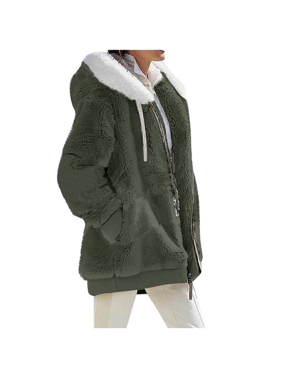 Fuzzy Jacket Women Full Zip Casual Warm Winter Jacket with Hood Trendy Fluffy Sweater Outwear Green