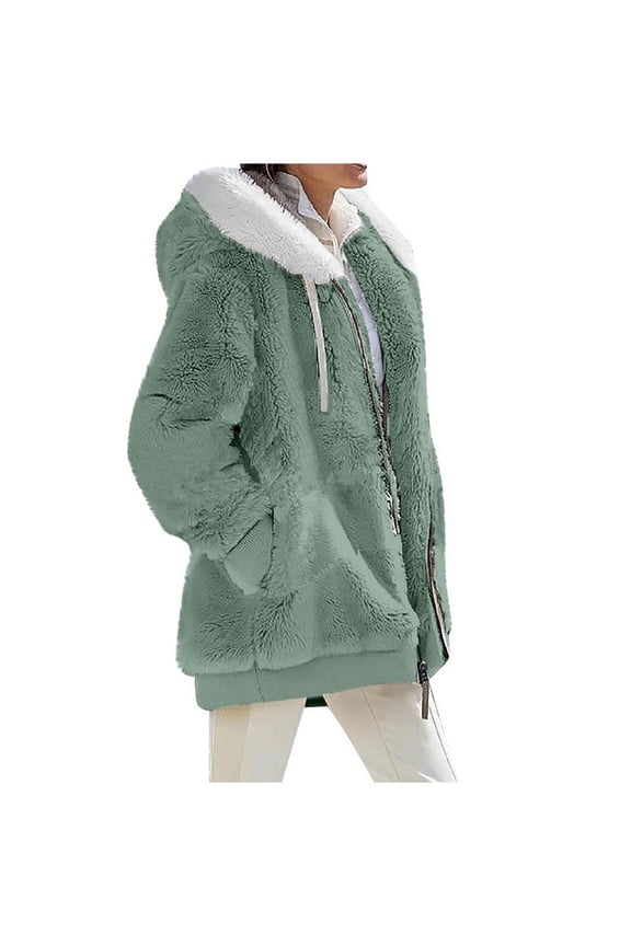 Fuzzy Jacket Women Full Zip Casual Warm Winter Jacket with Hood Trendy Fluffy Sweater Outwear Green