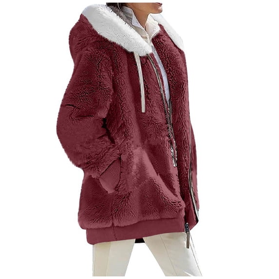 Lixiuxyad Fuzzy Jacket Women Full Zip Casual Warm Winter Jacket with Hood Trendy Fluffy Sweater Outwear Red