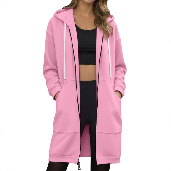 Lixiuxyad Fuzzy Jackets Mid Length Jacket Solid Color Lightweight Coat With Pocket Detail And Contrast Stitching For Autumn Winter Seasons Pink