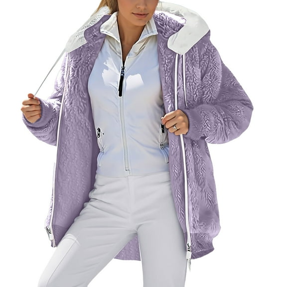 Lixiuxyad Fuzzy Hooded Jacket Jacket Winter Warm Soft Lined Hooded Coat Outdoor Casual Zipper Front Pockets Comfortable Loungewear Purple