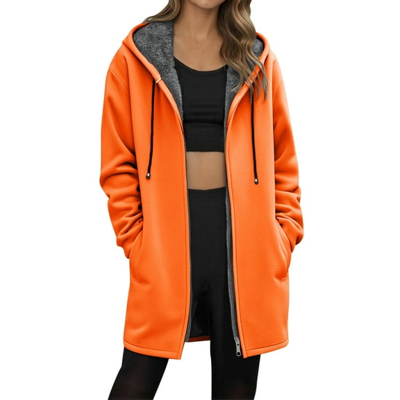 Lixiuxyad Fuzzy Hooded Jacket Women's Autumn And Winter Solid Color Mid Length Fleece Lined Zipper Jacket Orange
