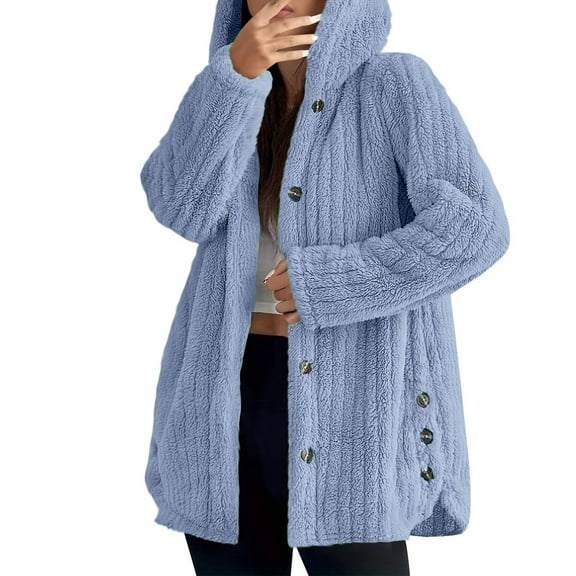 Lixiuxyad Fuzzy Hooded Jacket Women's Jacket Winter Warm Soft Hooded Coat Long Sleeve Button Front Loose Fit Casual Outerwear For Daily Wear Blue
