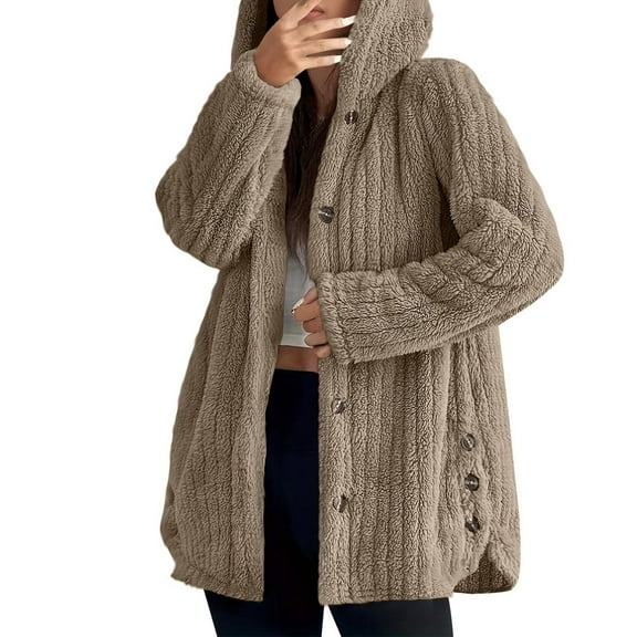 Lixiuxyad Fuzzy Hooded Jacket Women's Jacket Winter Warm Soft Hooded Coat Long Sleeve Button Front Loose Fit Casual Outerwear For Daily Wear Yellow