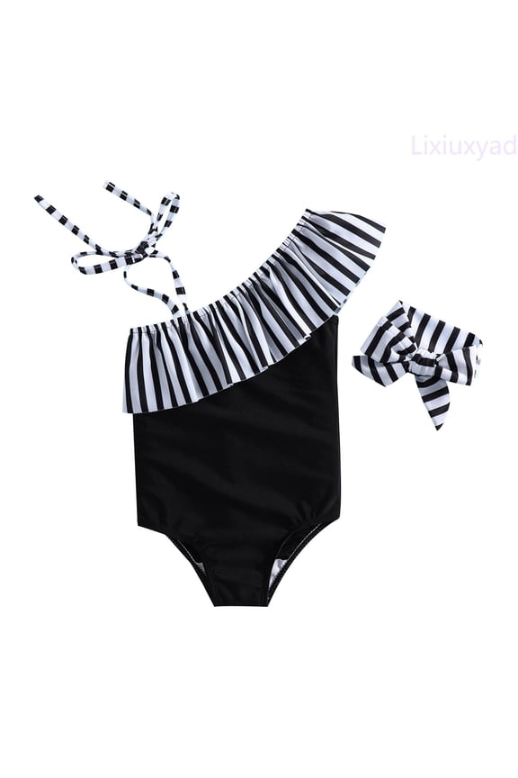 Girls One Shoulder Stripe Print Swimsuit Toddler Triangle Bikini Bathing For Baby Child Swimming Pool Beach,One-Piece Swimwear Sizes 3-4 Years Black