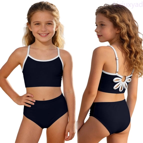 Lixiuxyad Girls Swimsuit Adjustable Straps Cut Out Swimwear 2 Piece Solid Color Tankini for Girls Bathing Suit for Teens,Sizes 7-8 Years