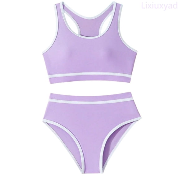 Lixiuxyad Girls Swimsuit Double Stretchy Strap High Waist Sport Swimwear Color Block 2 Piece Swimsuits Set,Sizes 8-9 Years