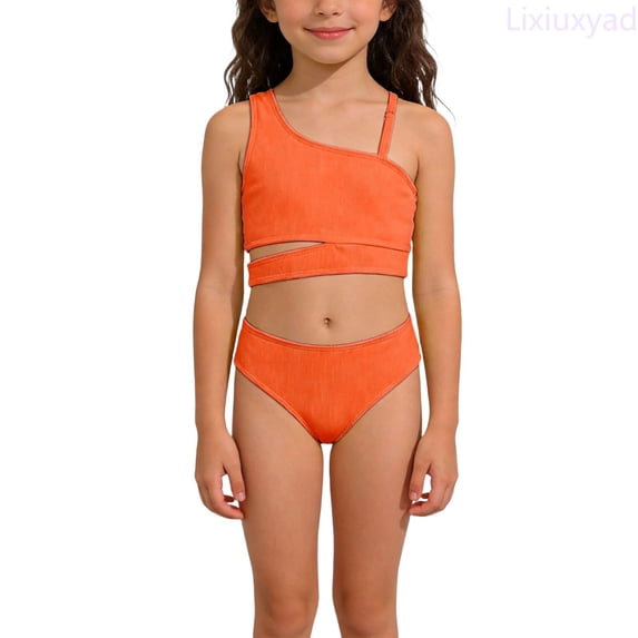 Lixiuxyad Girls Swimsuits Two Piece One Shoulder Bathing Suit with Adjustable Strap Beach Bikini Set Girls Swimwear,Sizes 8-9 Years