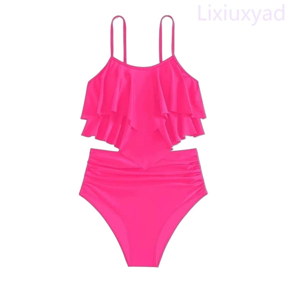 Lixiuxyad Girls Two Piece Swimwear Solid Color Fashion Bikini With Ruffled Back And Tankini Top For Teens And Youth,One-Piece Swimsuit Sizes 12-13 Years Pink