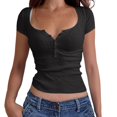 thumbnail image 1 of Lixiuxyad Graphic T Shirts For Women Spring And Summer Sexy Solid U Neck Button Color Woven Short Sleeve T Shirt,Black L, 1 of 6
