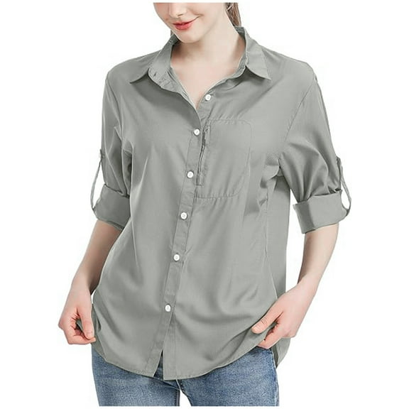Lixiuxyad High Neck Womens Shirt Women's Stylish Casual Solid Color Sunscreen Zipper Pocket Shirt