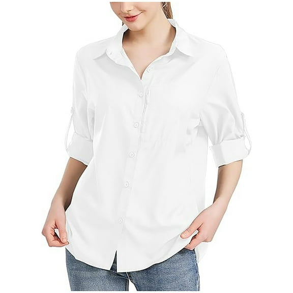 Lixiuxyad High Neck Womens Shirt Women's Stylish Casual Solid Color Sunscreen Zipper Pocket Shirt