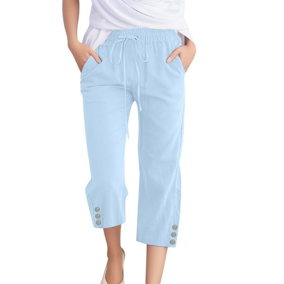 Lixiuxyad High Waist Stretchy Pants Button Pants For Women Wide Leg Casual Pants With Pockets Lightweight High Waisted Adjustable Tie Knot Loose Trousers Blue