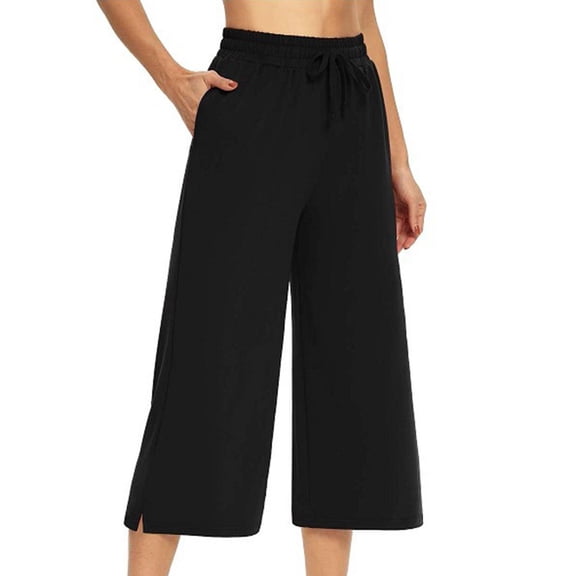 Lixiuxyad High Waist Stretchy Pants Women's Casual Solid Color Drawstring Sports Capri Pants Black