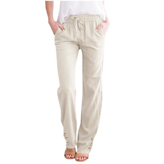 Lixiuxyad High Waisted Pants Women's Solid Cotton Linen Drawstring Waist Casual Wide Leg Trousers With Button Beige