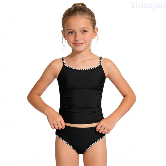 Lixiuxyad Kid Girls Swimsuit Solid Color Tankini Contrast Trim Ruched Swimwear 2 Piece Bathing Suit Swimsuits for Teens,Sizes 10-11 Years