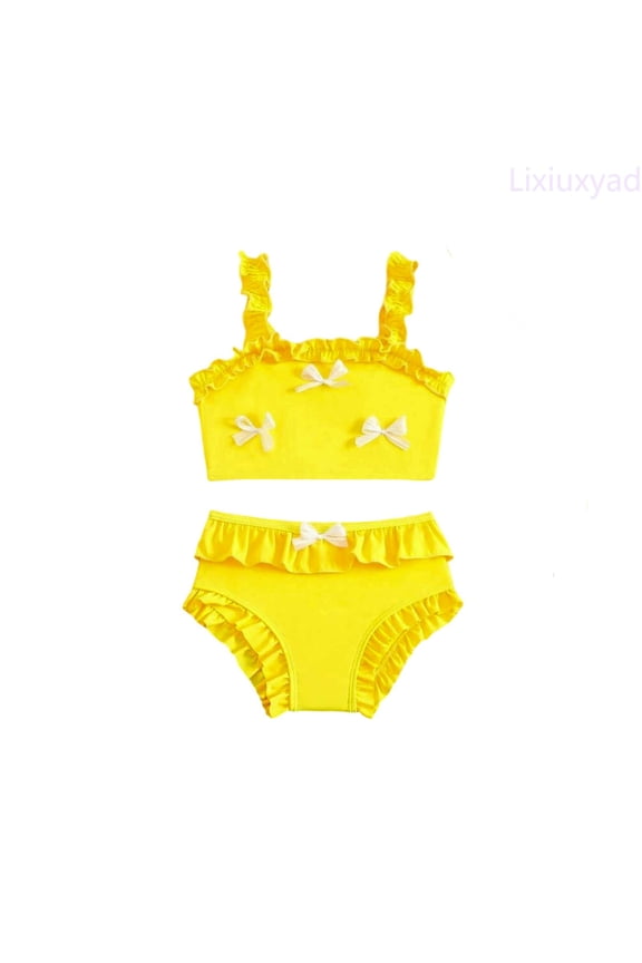 Korean Style Girls Swimwear Cute Bow Ruffle Strap Sunsuit For Baby Toddler And Kids Beach Pool Party,Swimwear Sets Sizes 6-7 Years Yellow