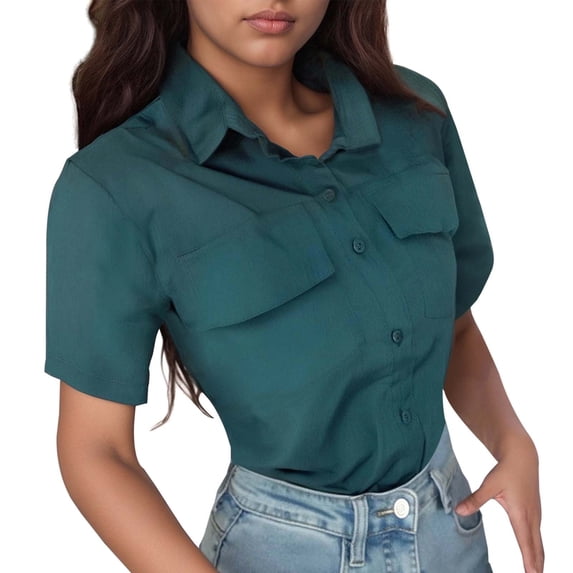 Lixiuxyad Ladies Button down Blouse Women's Casual Solid Color Shirt With Lapel Short Sleeved Shirt