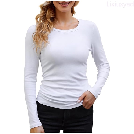 Lixiuxyad Ladies Fashion Fit Loose Crew Neck Slim Top Solid Color Long Sleeve T Shirt Trendy Casual,White M