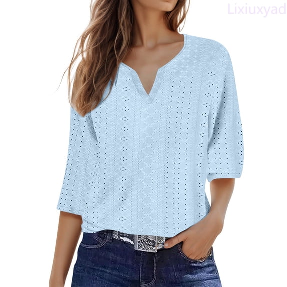 Lixiuxyad Ladies' Fashionable Solid Color V Neck Three Quarter Sleeve Shirt Top Casual Summer,Blue L