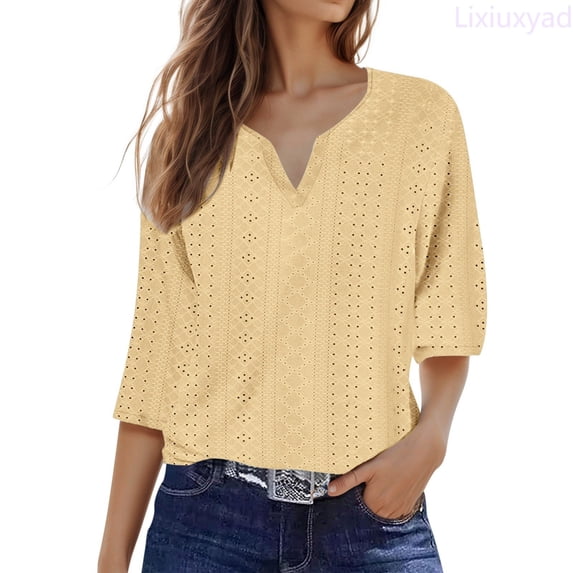 Lixiuxyad Ladies' Fashionable Solid Color V Neck Three Quarter Sleeve Shirt Top Casual Summer,Yellow S