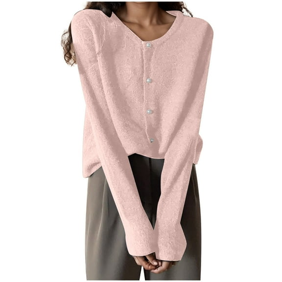 Lixiuxyad Light Knit Cardigans for Women Solid Color Round Neck Pearl Buckle Knitted Cardigan Women's And Versatile Top Long Sleeve Women's Spring And Autumn
