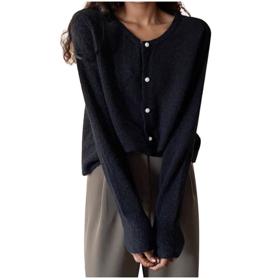 Lixiuxyad Light Knit Cardigans for Women Solid Color Round Neck Pearl Buckle Knitted Cardigan Women's And Versatile Top Long Sleeve Women's Spring And Autumn