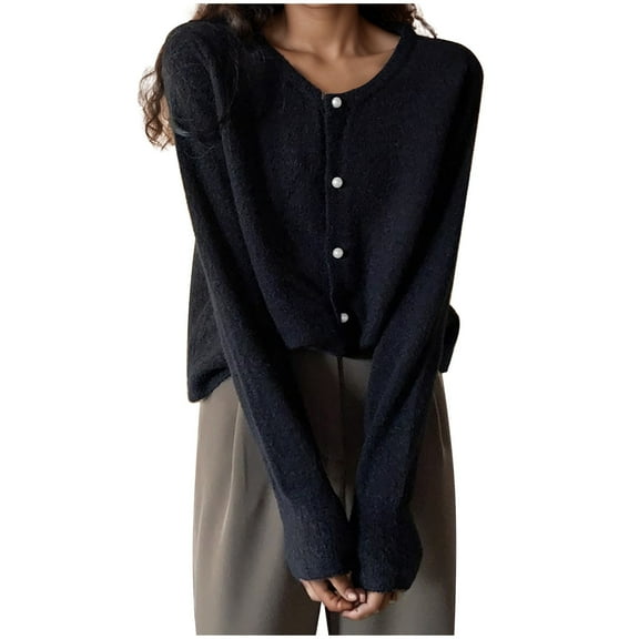 Lixiuxyad Light Knit Cardigans for Women Solid Color Round Neck Pearl Buckle Knitted Cardigan Women's And Versatile Top Long Sleeve Women's Spring And Autumn